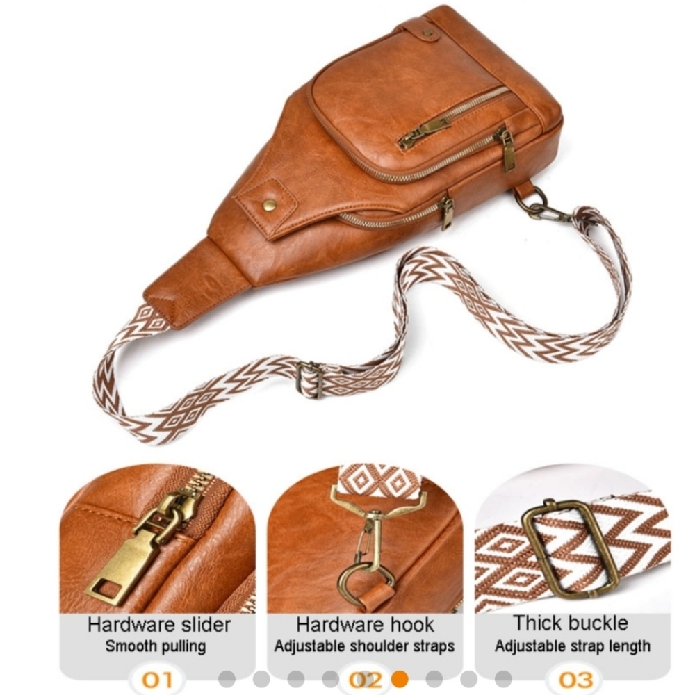 Brown Pleather Sling Bag Multi Pockets 12x8x2.5 New - Picture 6 of 9
